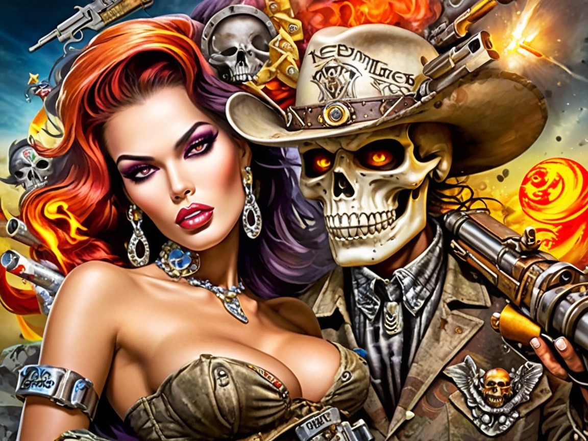 Glamorous Woman and Skeleton Cowboy in Fiery Scene