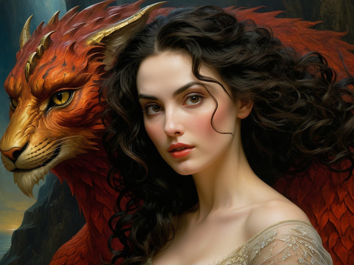 Woman with Dark Curly Hair and Mythical Lion Creature