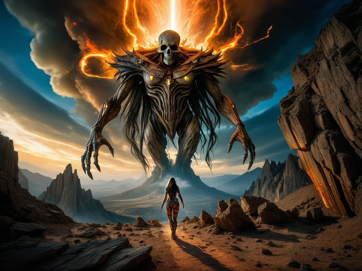 Skeleton Figure and Warrior in Dramatic Landscape