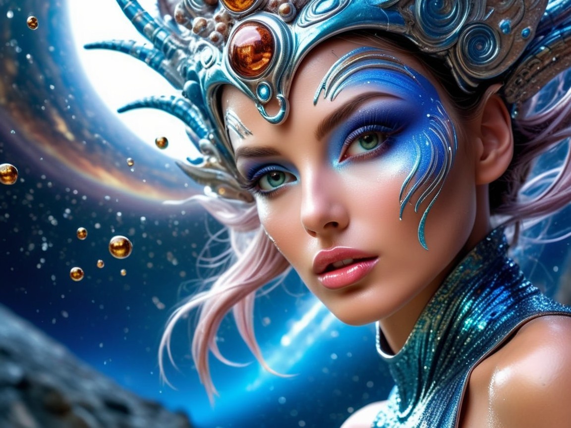 Intricate Metallic Headpiece and Cosmic Backdrop