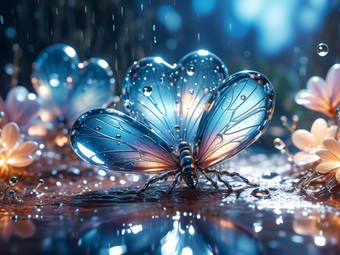 Blue Butterfly on Raindrop-Covered Surface with Flowers