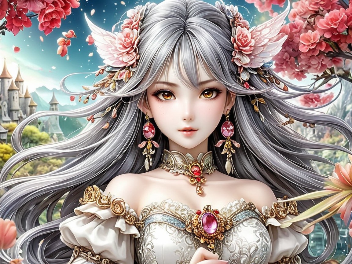 Fantasy Portrait of a Young Woman with Wings and Flowers