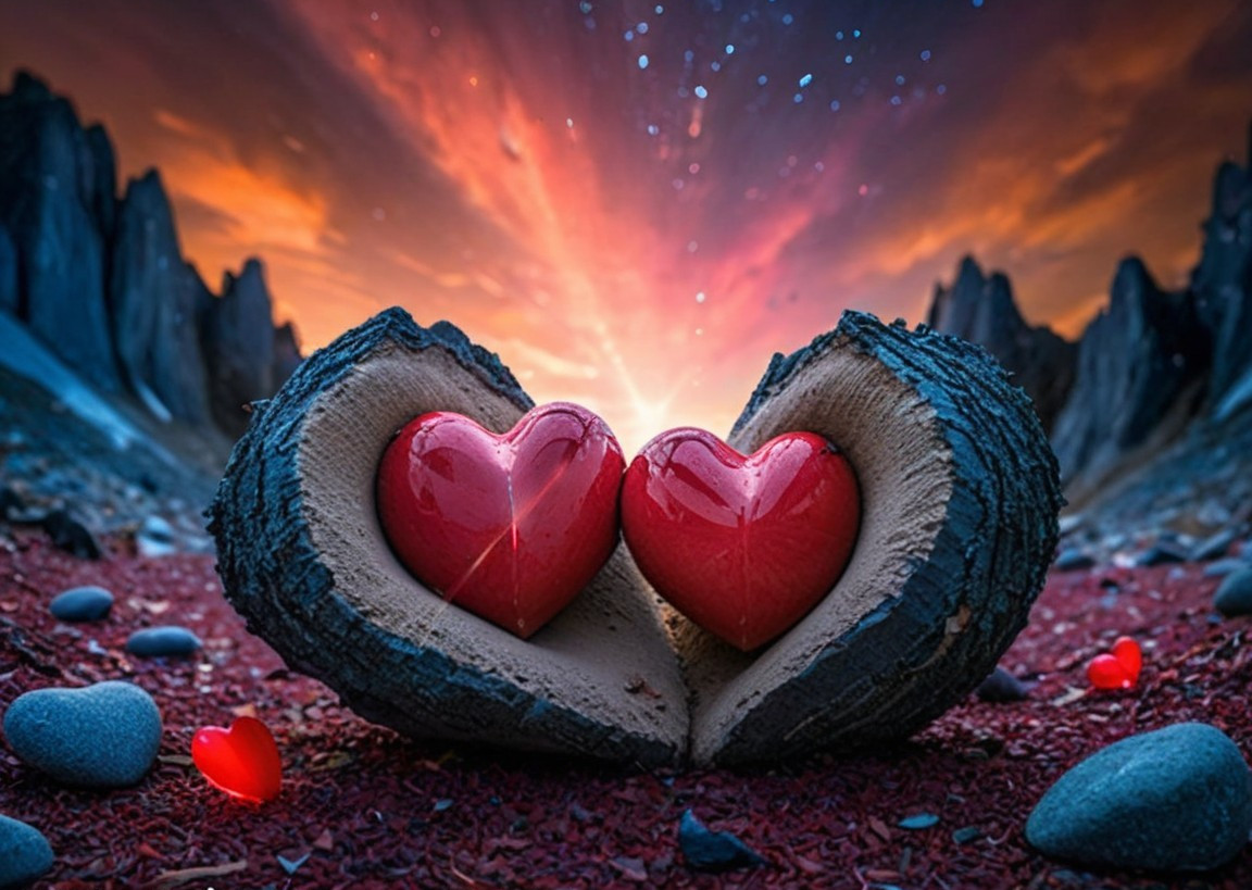 Scenic Landscape with Red Hearts and Sunset Sky