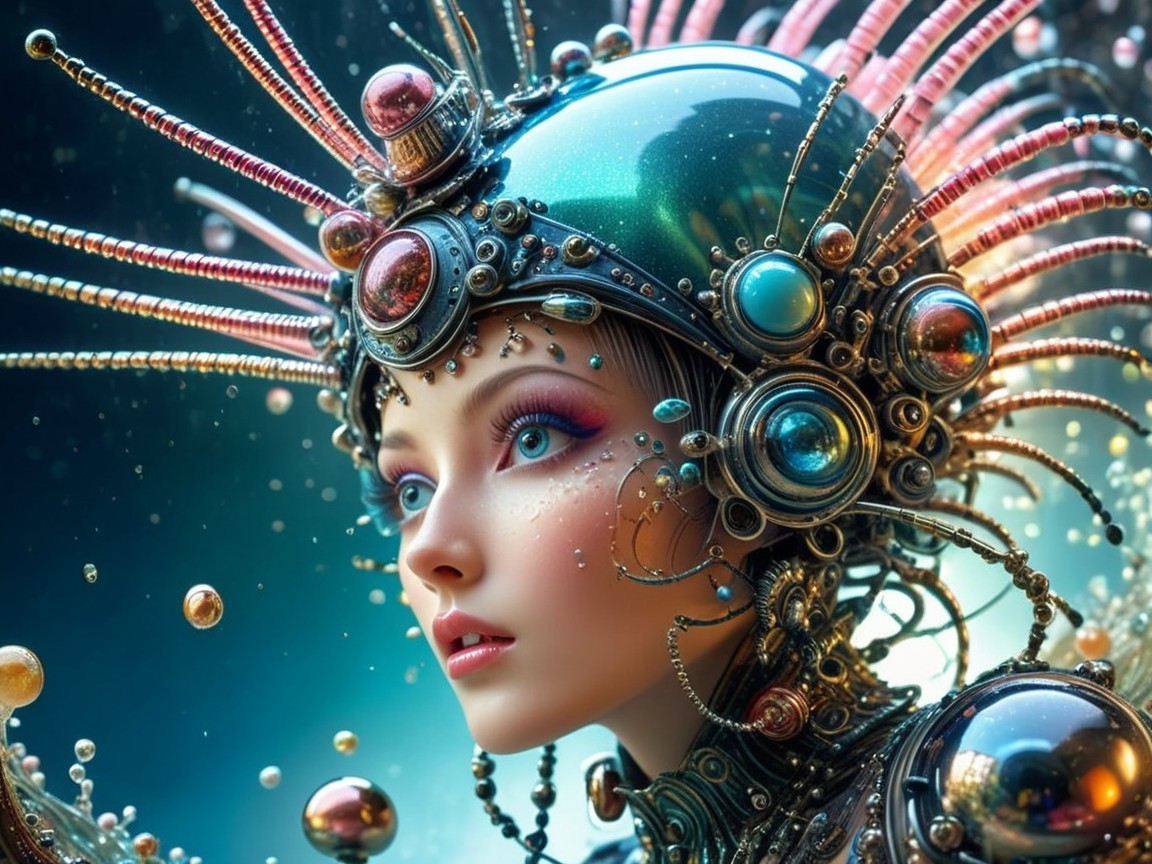 Futuristic Figure with Metallic Headdress and Gems