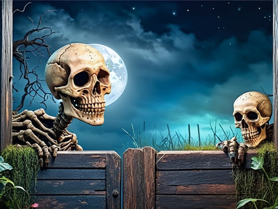 Skeletons at a Wooden Gate Under a Bright Moon
