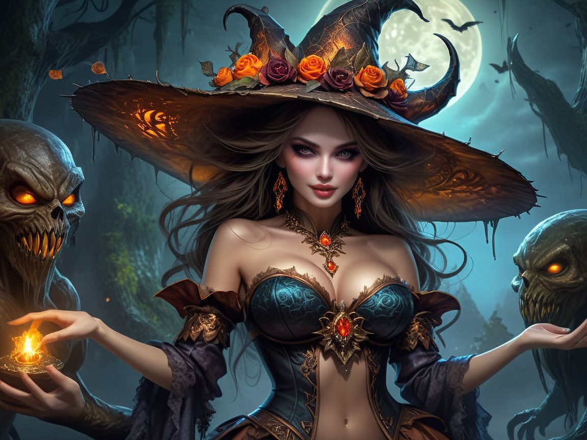 Enchanting Witch in Mystical Moonlit Scene