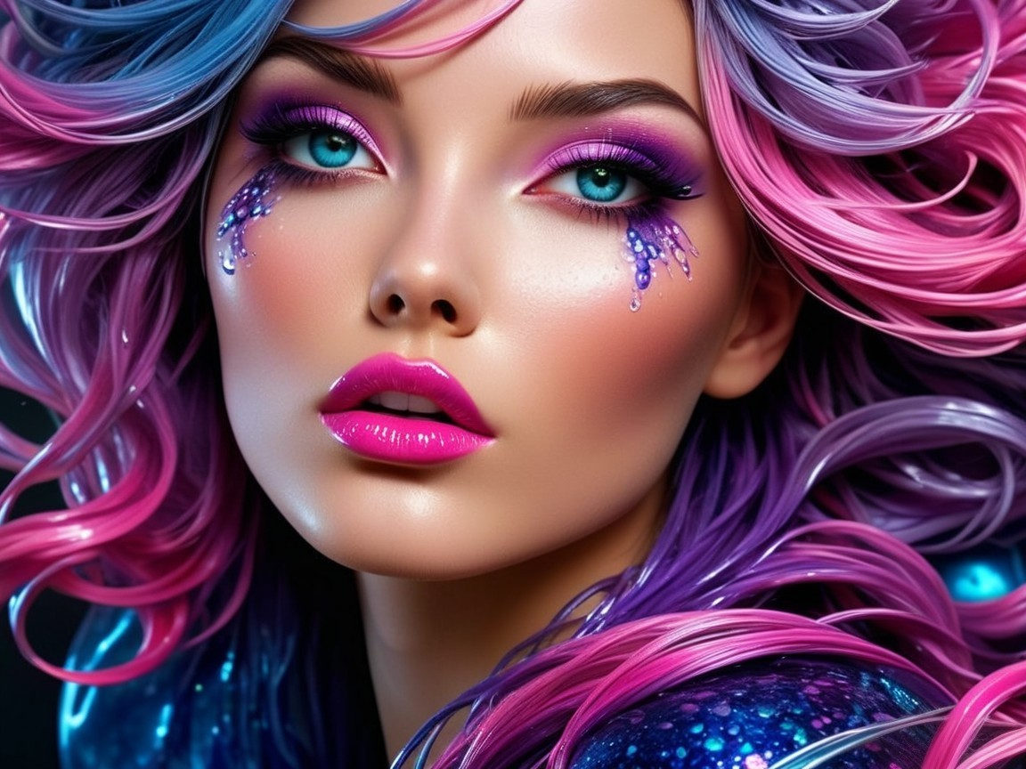 Model with Vibrant Pink and Purple Curled Hair