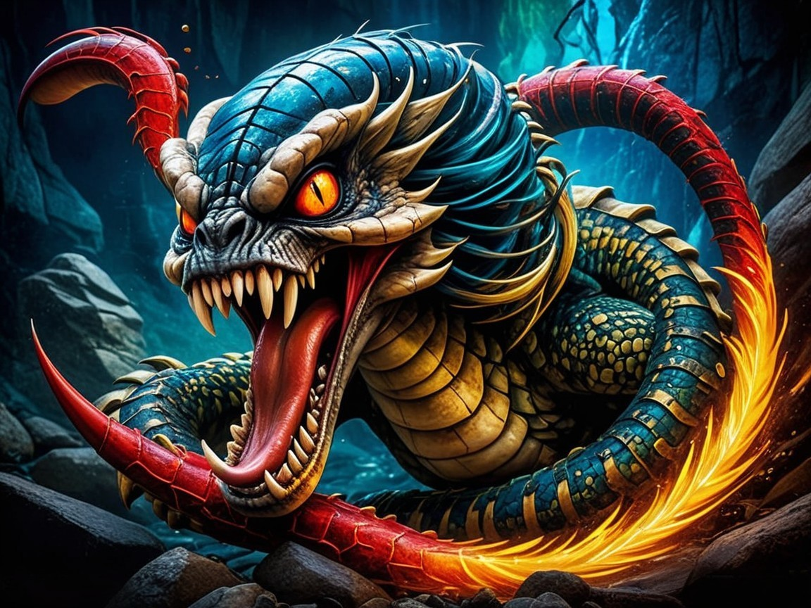Mythical serpent with vibrant scales in dark cavern