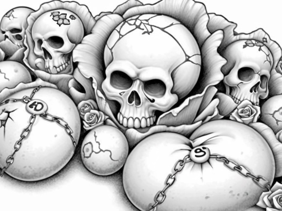 Black-and-white design of skulls and roses with stones