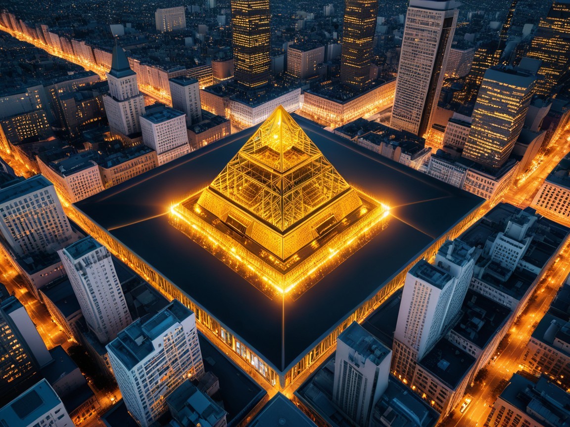 Aerial View of Illuminated Pyramid in Cityscape at Night