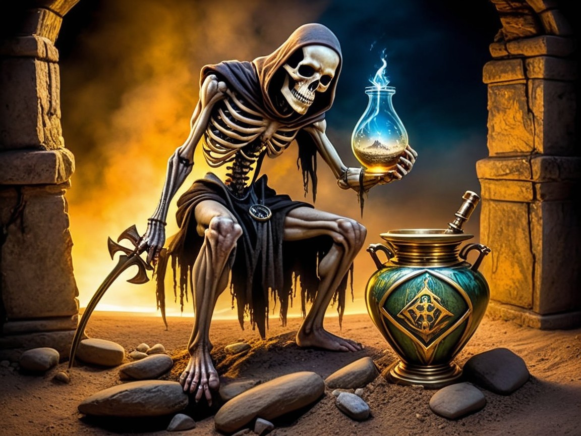 Skeletal Figure with Potion and Sword in Cavern Scene