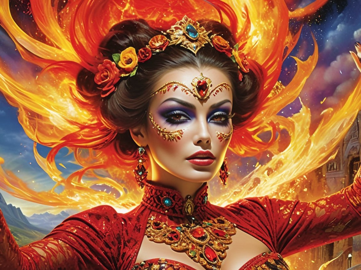 Vibrant Red and Gold Figure Surrounded by Flames
