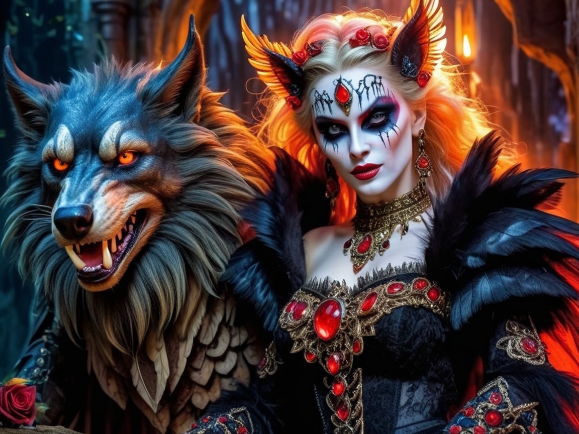 Fierce Woman with Elaborate Makeup and Wolf Creature