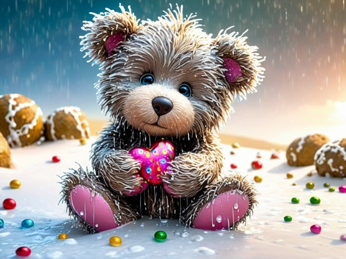 Fluffy Teddy Bear with Heart on Snowy Surface