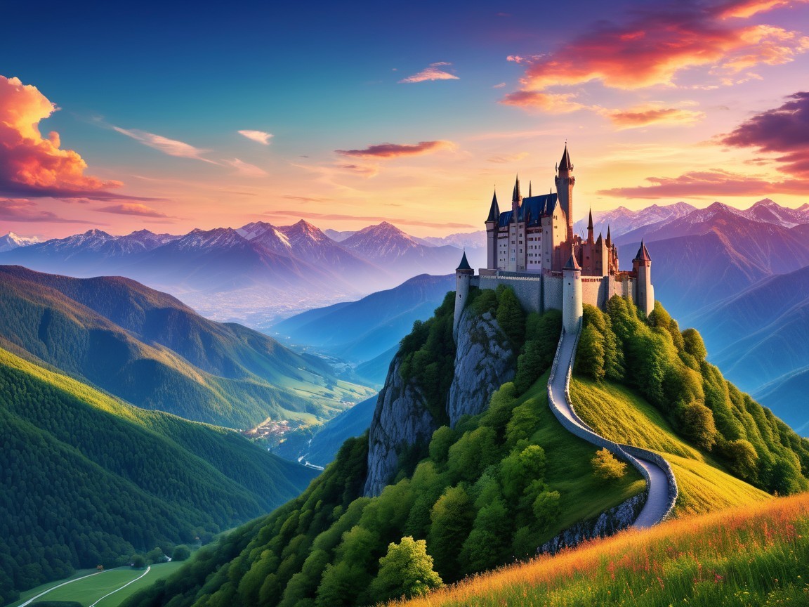 Majestic castle on a hill at sunset with vibrant skies