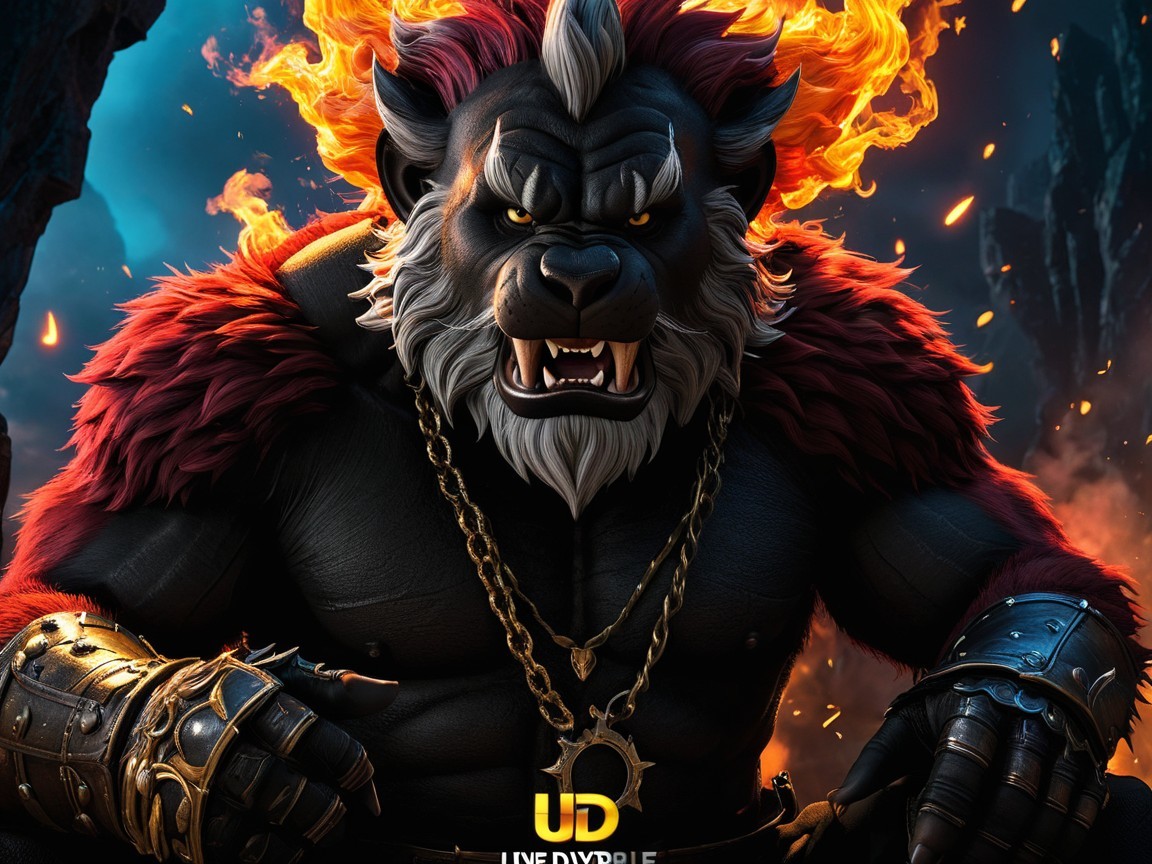 Anthropomorphic Creature in Fiery Armor and Flames