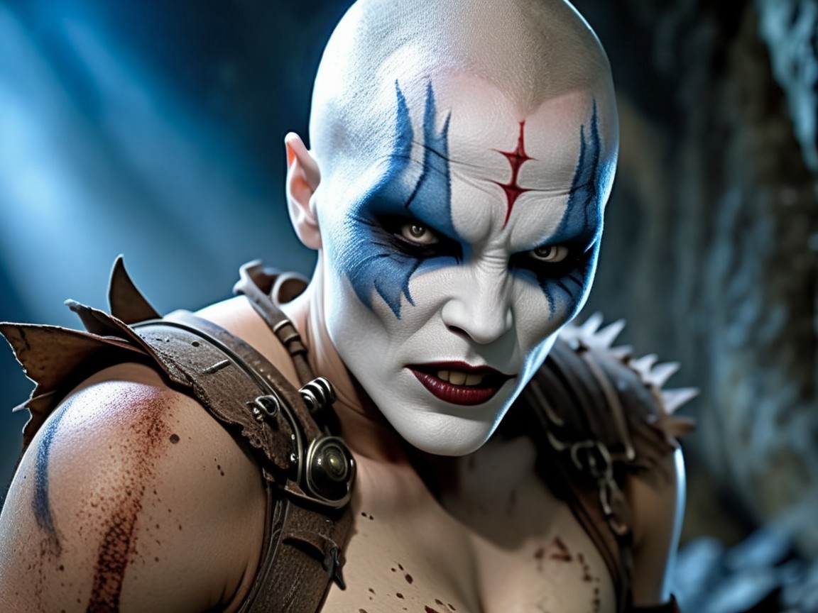 Fierce Bald Character with White Makeup and Blue Designs