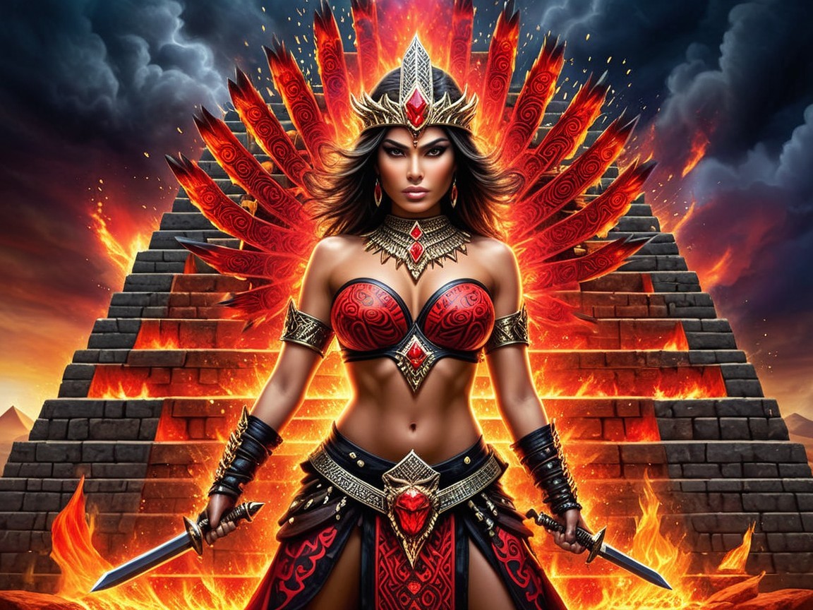 Warrior in Intricate Armor with Swords and Flames