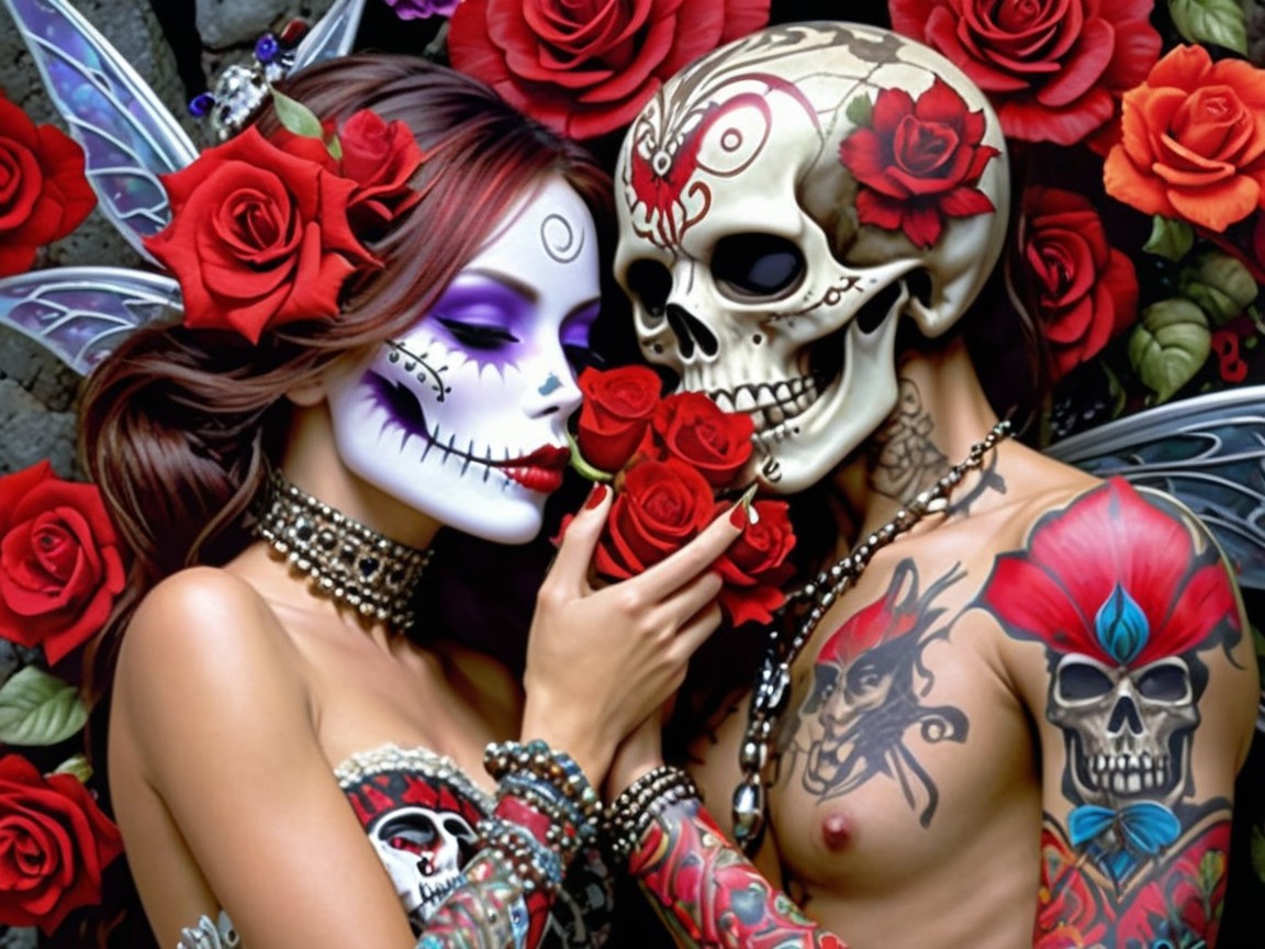 Couple in Day of the Dead Face Paint and Tattoos