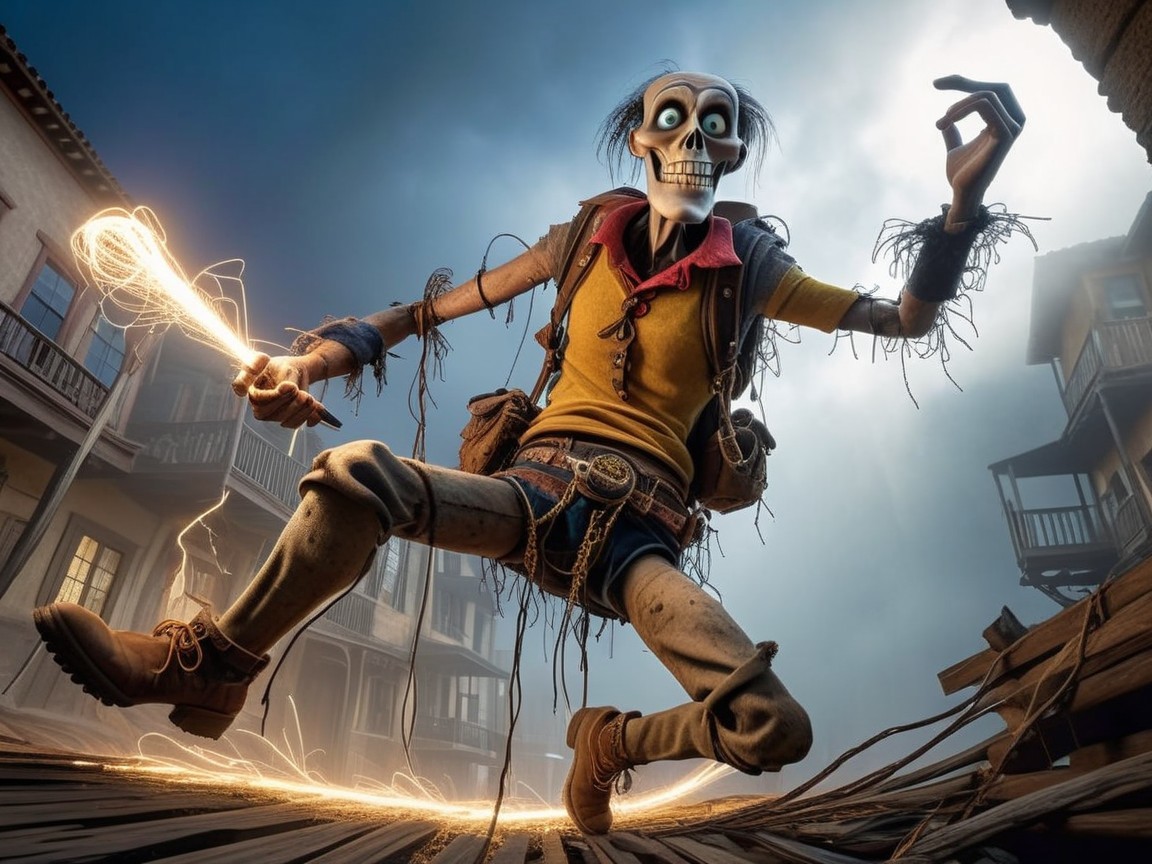 Skeletal Character in Whimsical Western Adventure Scene
