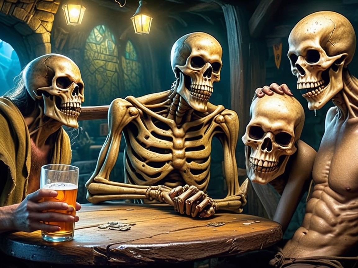 Skeletons Conversing in a Dimly Lit Tavern Setting