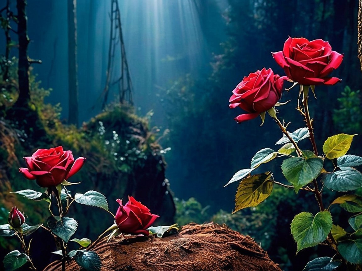 Vibrant Red Roses in a Serene Forest Setting