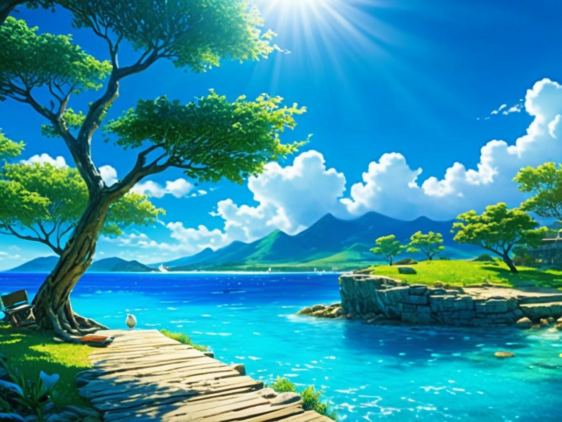 Coastal Scene with Pathway and Sparkling Sea