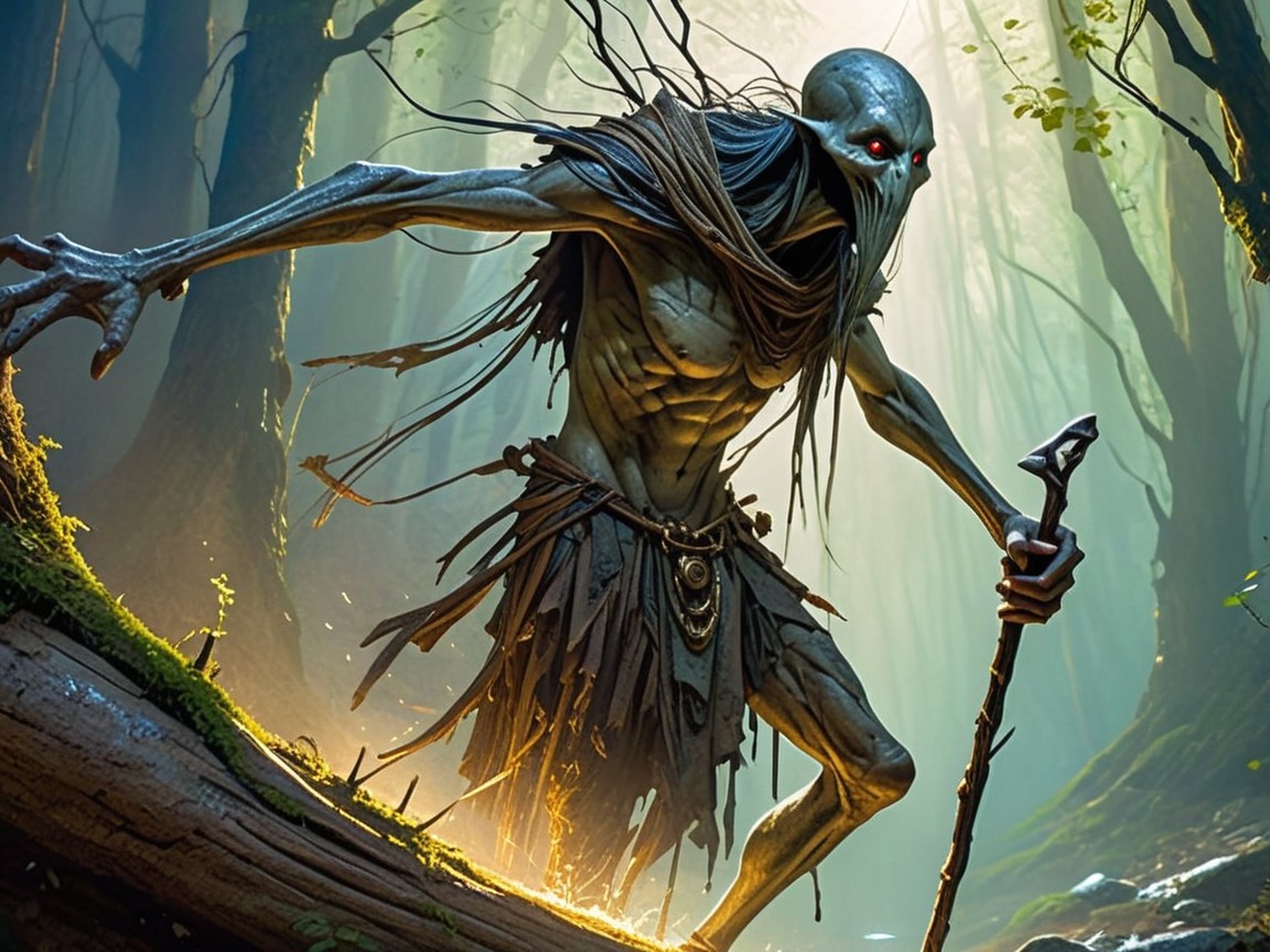 Skeletal Figure in Mystical Forest with Dark Magic