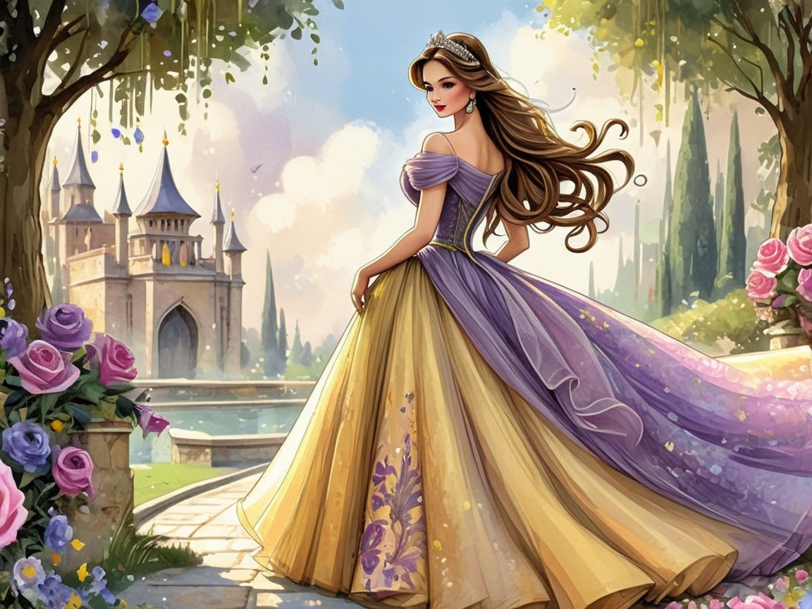 Princess in Vibrant Purple and Gold Gown Near Castle