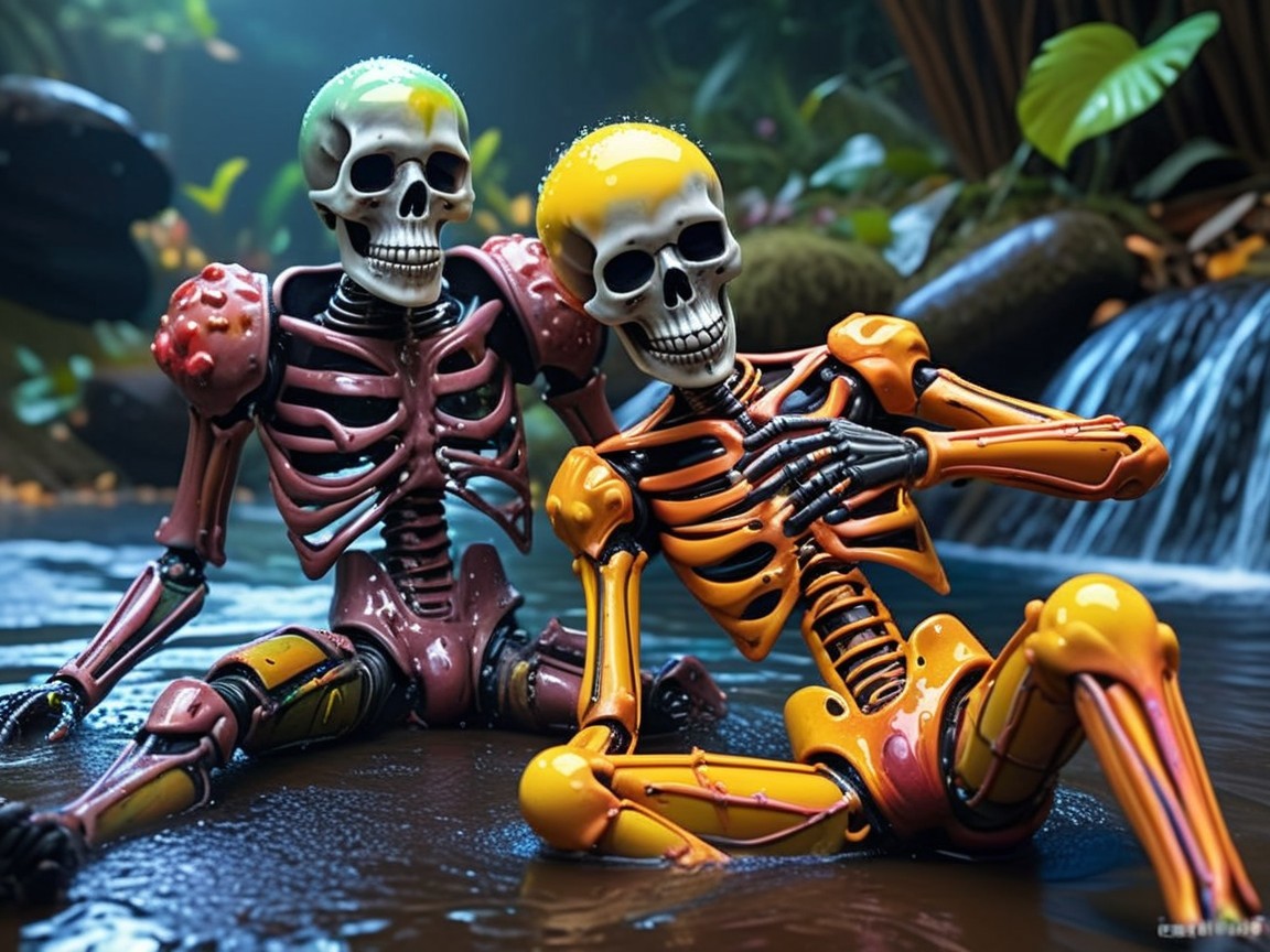 Playful Skeletons Relaxing in a Serene Pond Setting