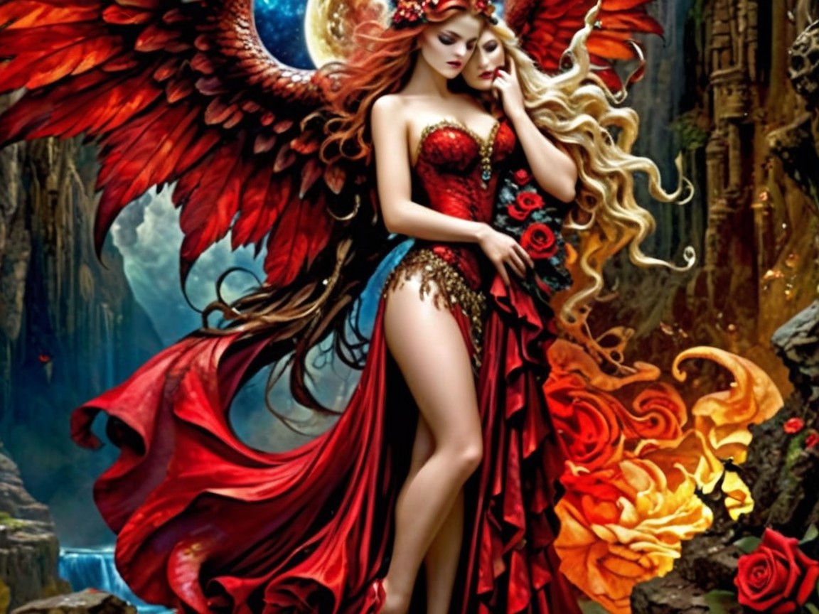 Enchanting Women in Red with Fiery Wings and Roses