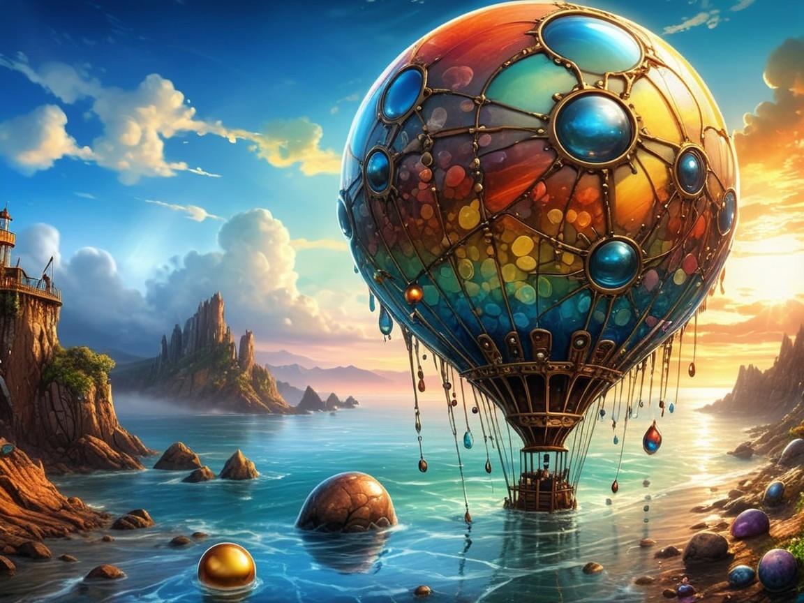 Hot Air Balloon Over Tranquil Sea at Sunset