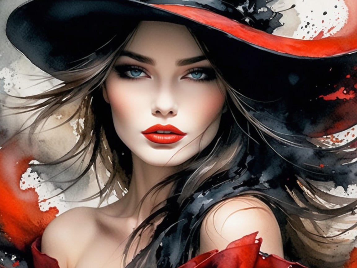 Portrait of a Woman in Black Hat with Red Accents
