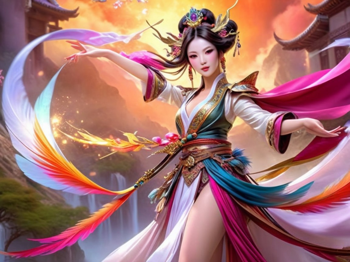 Majestic figure in vibrant outfit in enchanting landscape