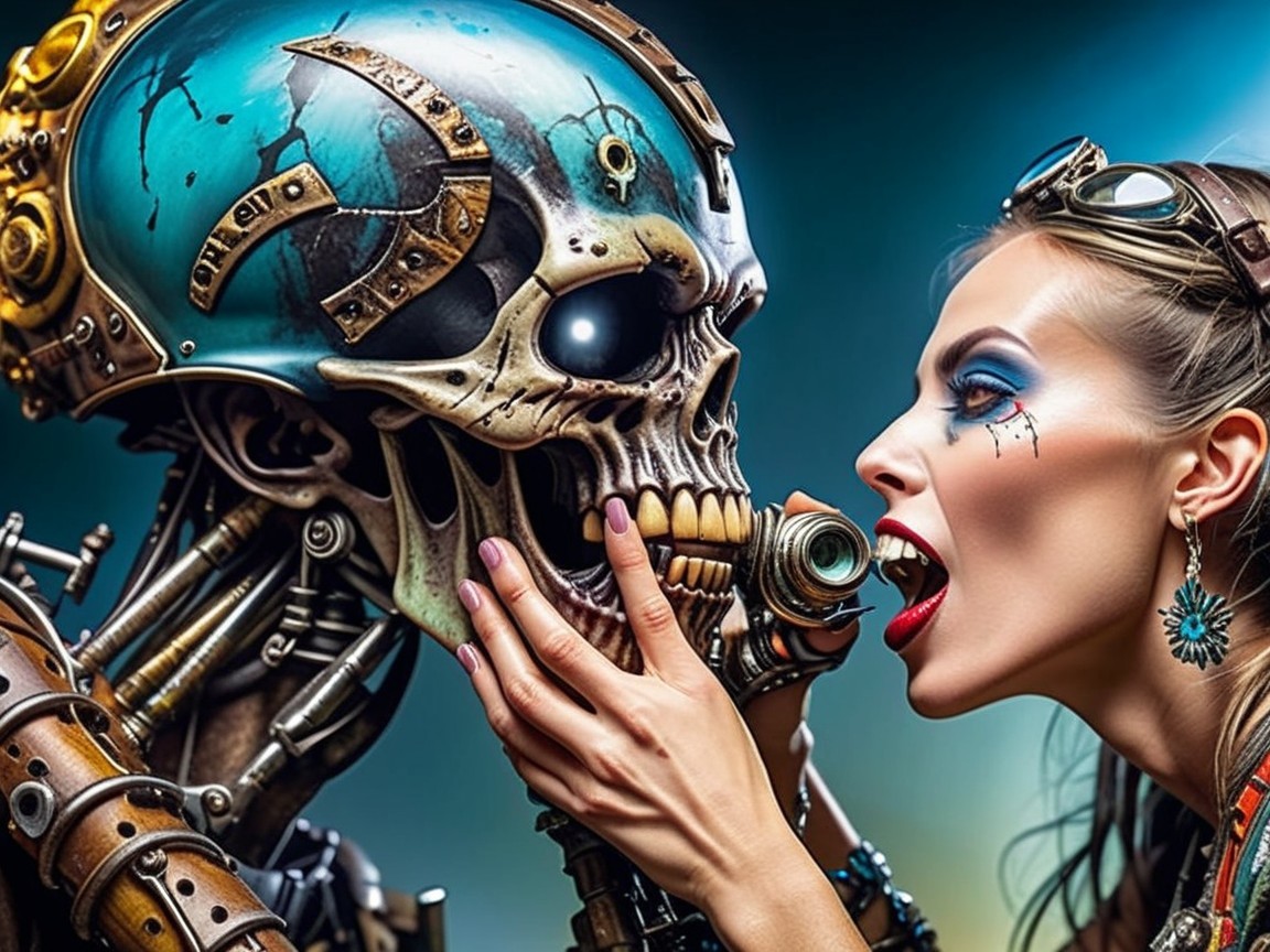 Woman with Steampunk Accessories and Mechanical Skull