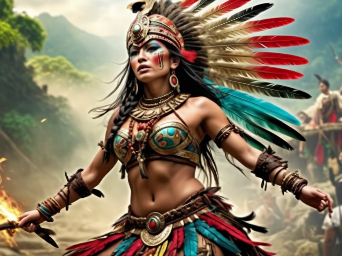 Confident figure in colorful ancient-inspired attire