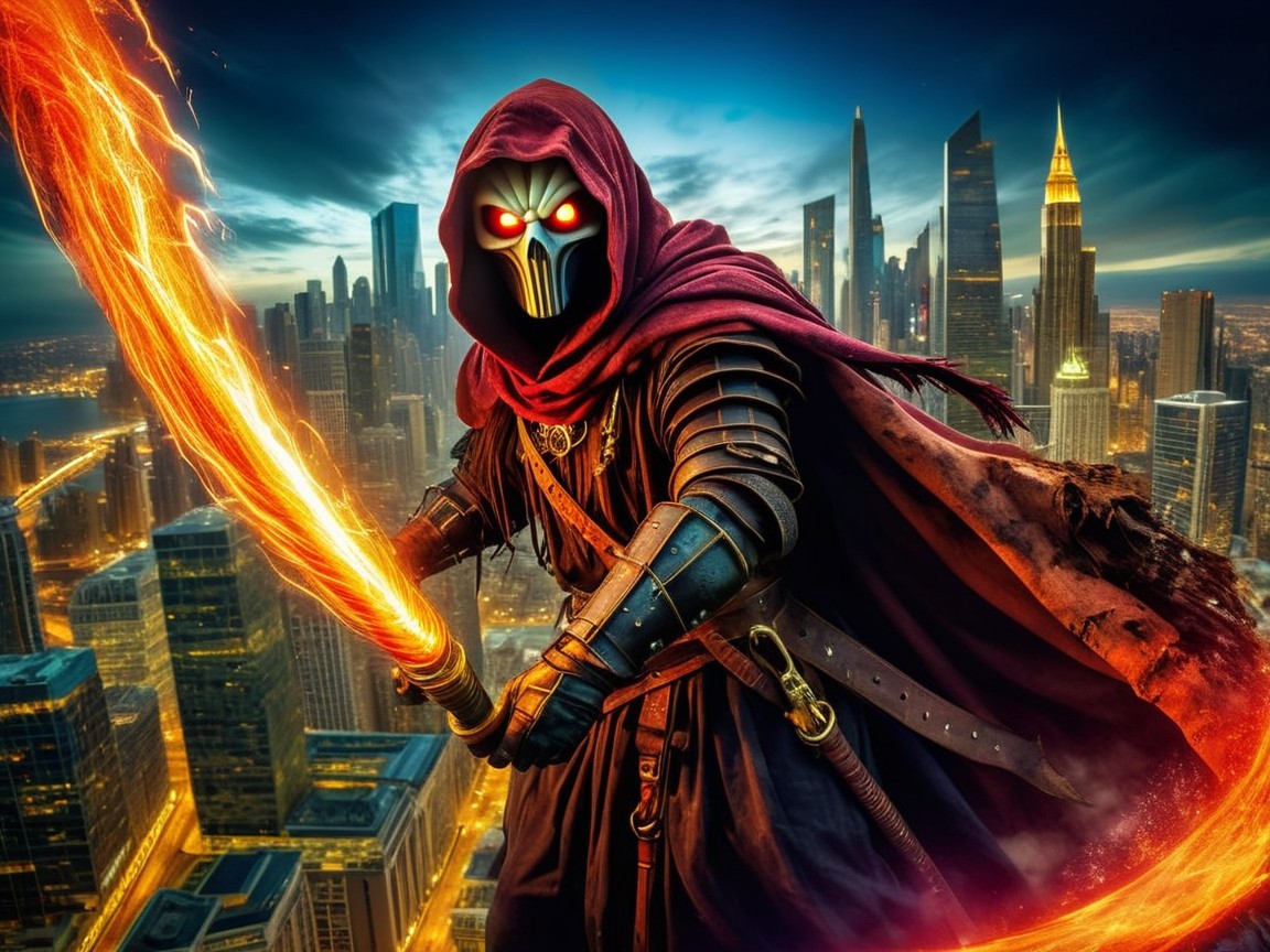 Mysterious Figure in Dark Armor on City Skyline
