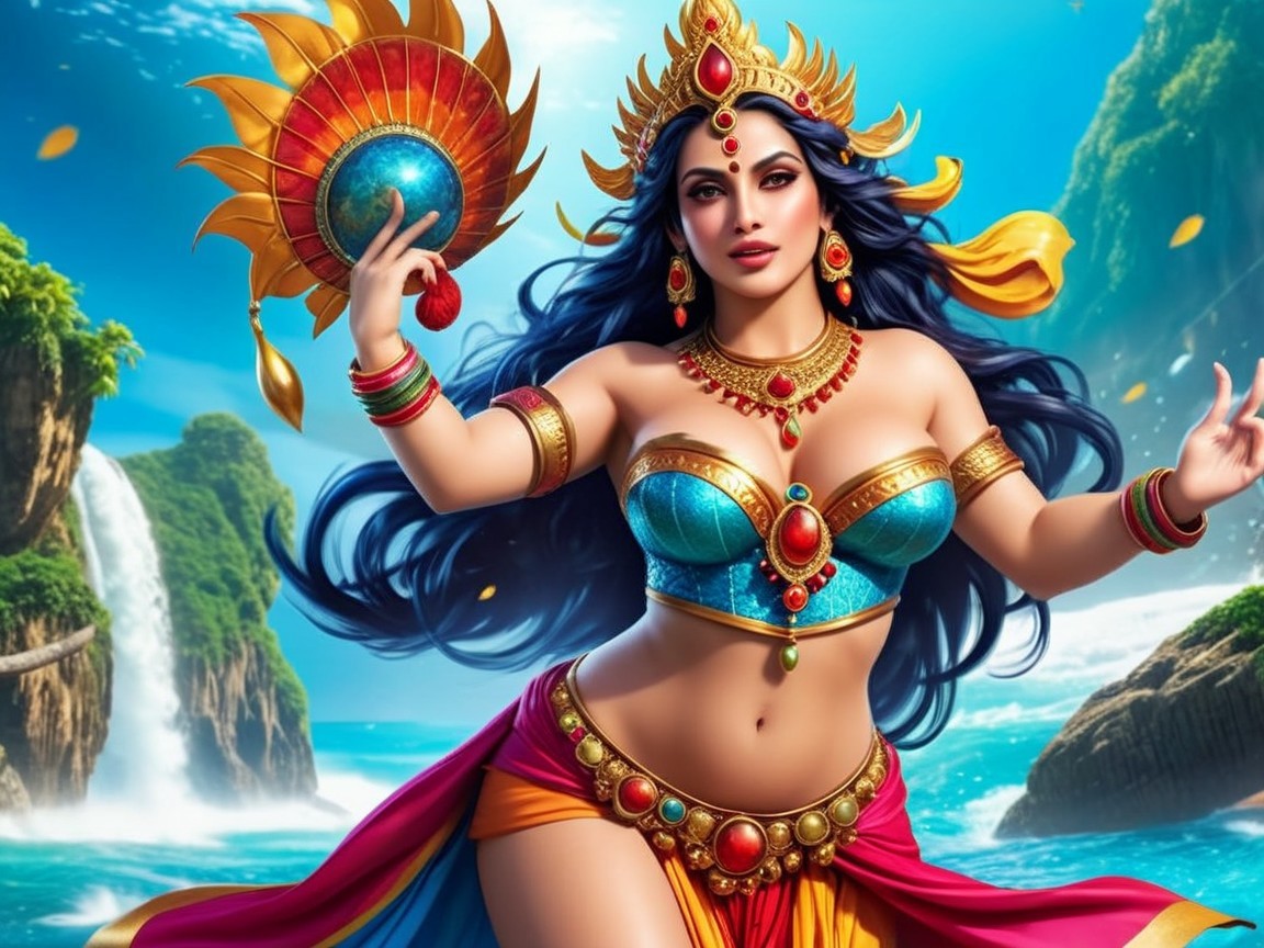 Goddess Figure by Tropical Coastline with Waterfalls