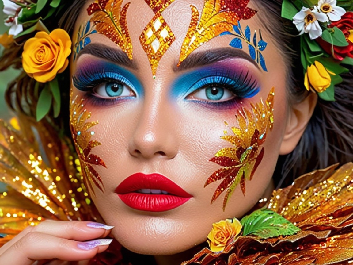 Close-up Portrait of a Woman with Colorful Face Makeup