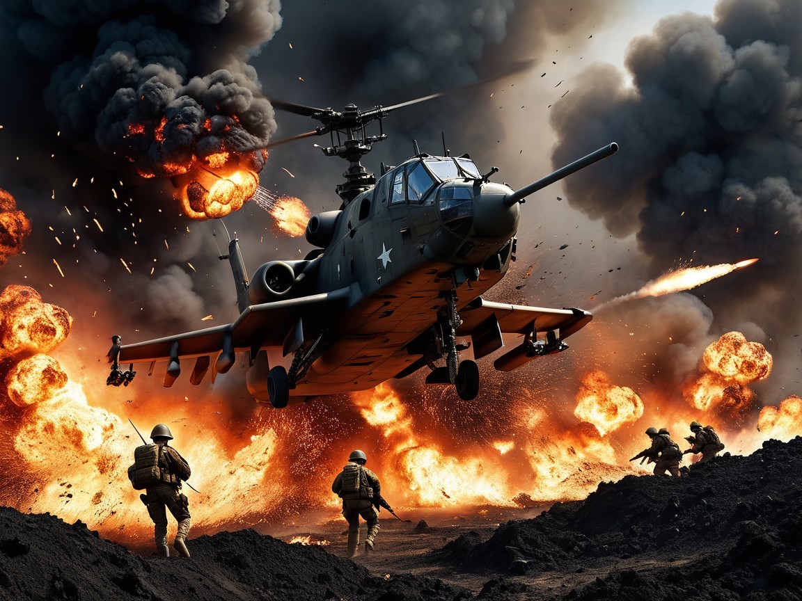 Military Helicopter in Fiery Sky Amid Explosions