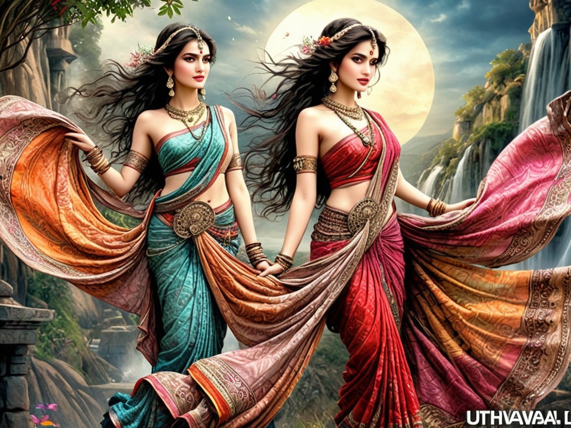 Elegant Women in Colorful Sarees by Waterfalls