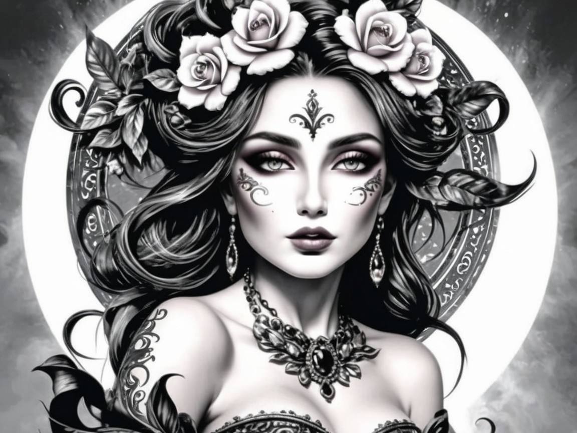 Woman with Face Designs and Rose Crown in Artwork
