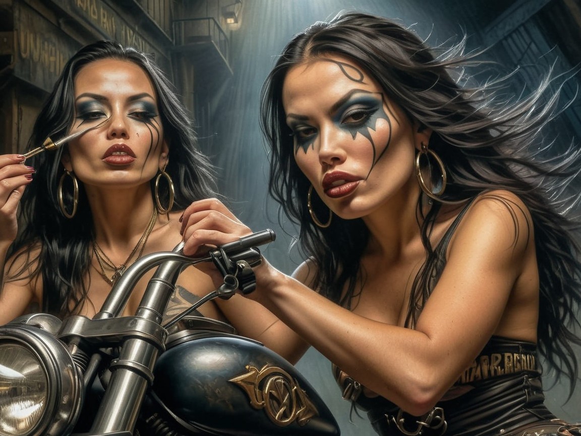 Dramatic Makeup and Motorcycle in Urban Setting