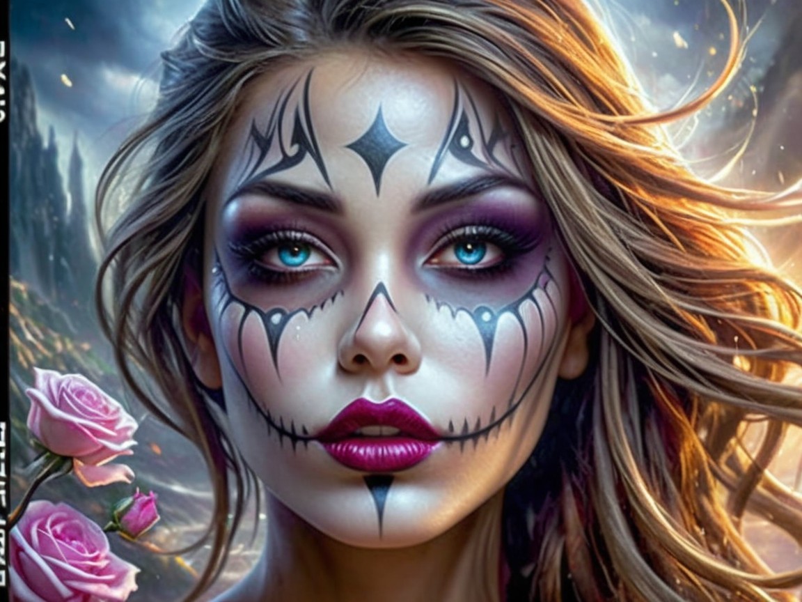 Female figure with sugar skull face paint and roses