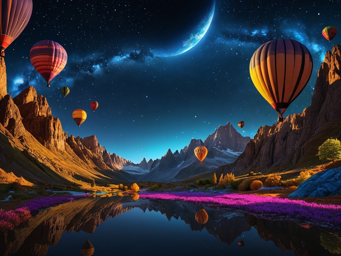 Twilight Landscape with Hot Air Balloons and Mountains