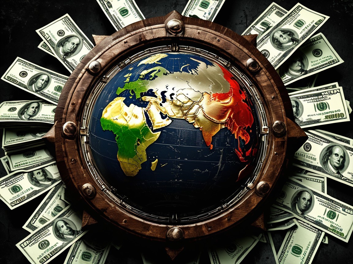 Globe Highlighting Continents Surrounded by Currency