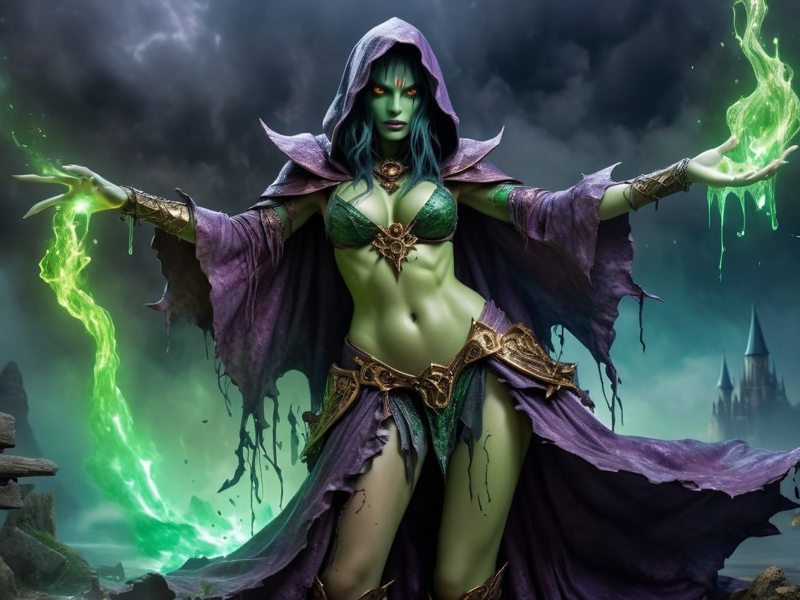 Sorceress in Purple Cloak Conjuring Green Energy