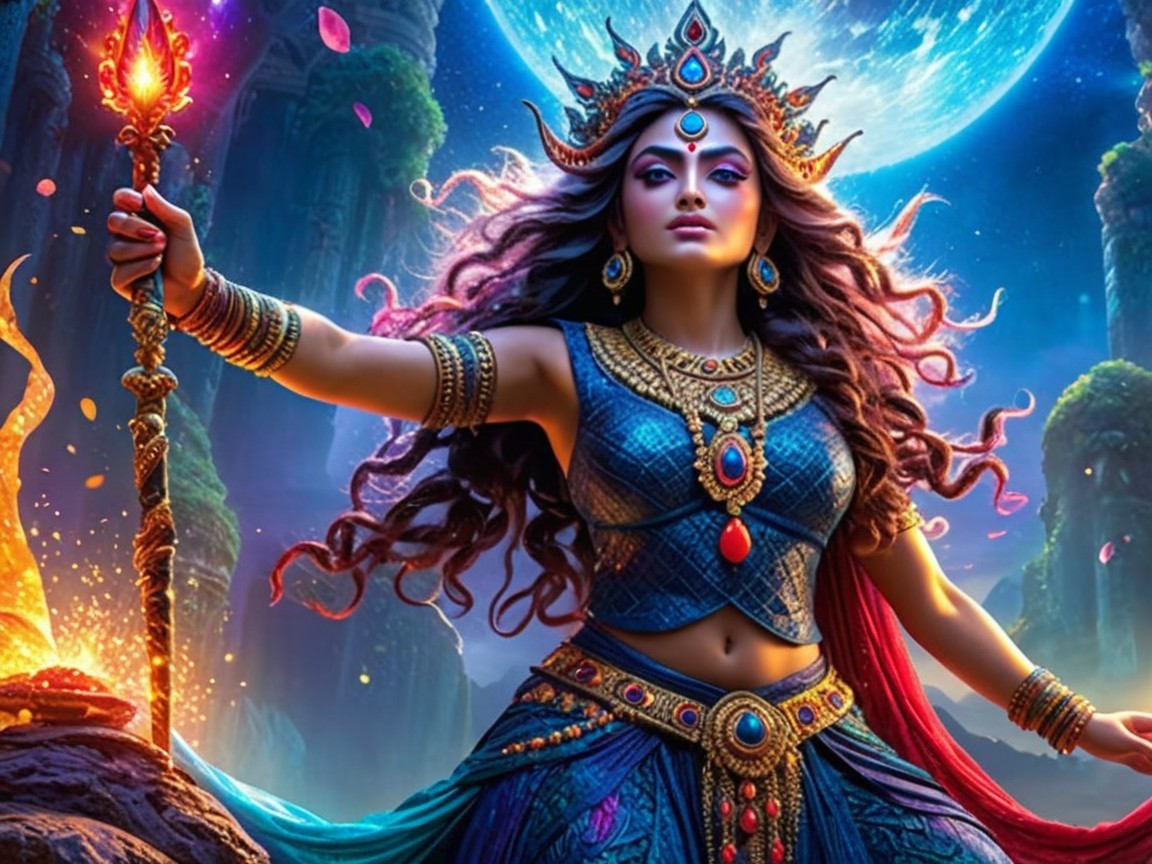 Goddess in Blue Robes in Mystical Landscape at Night