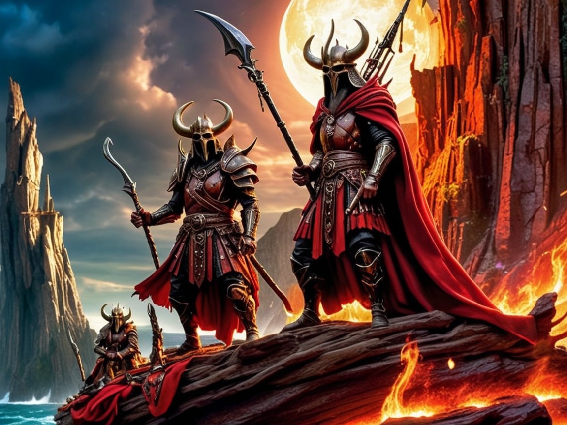 Imposing Figures in Armor on Rocky Outcrop at Night