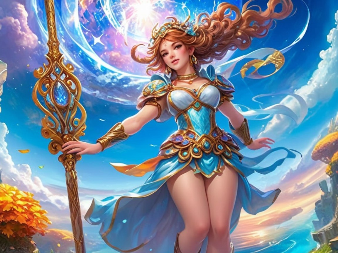 Majestic female figure in blue gown with glowing staff